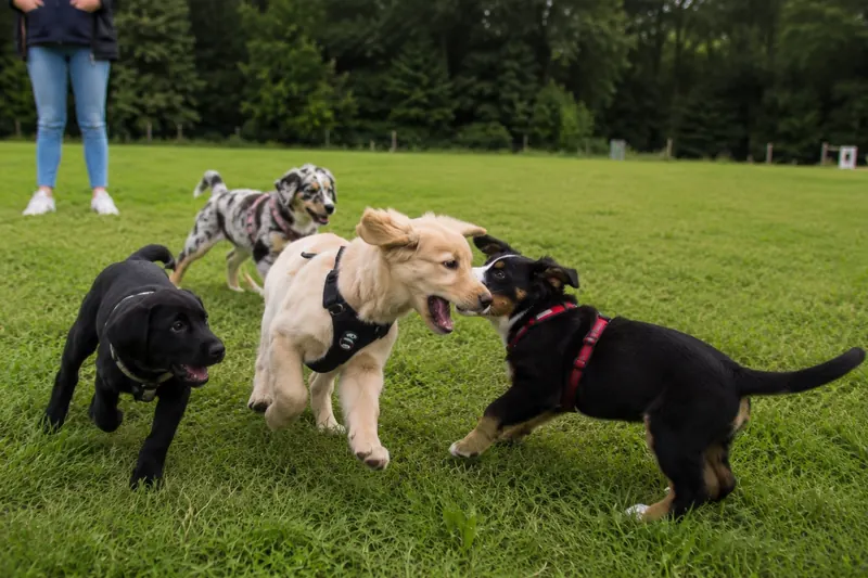 Drei Welpen spielen gemeinsam auf einer Wiese am Waldrand